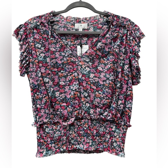 New! Socialite short sleeve v-neck blouse, floral, flutter sleeve, women's large - Picture 2 of 8